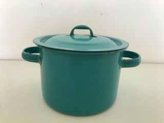 Vintage Rare Color Teal Blue Green Enamelware Enamel Small Cook Pot With Lid