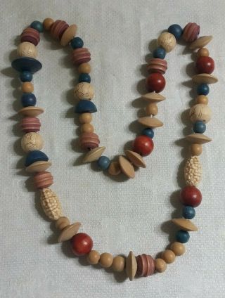 Vintage Brown Red Blue Natural Multi - Shape Wood Bead 28 " Slipover Necklace