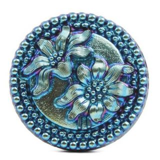 Czech Blue Metallic Edelweiss Flower Black Shankless Glass Button Cabochon