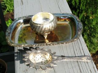 Antique Vintage Tea Strainer Silver Plated Epns & Drip Tray For Loose Tea & Tray