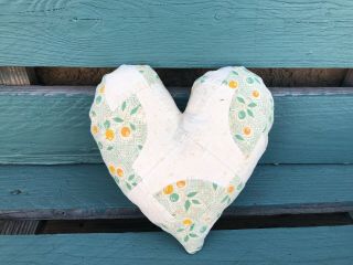 Primitive Quilted Heart Pillow - Vintage Quilt - White/green