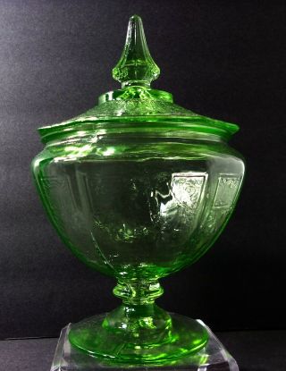 Rare - Vtg Footed Green Etched Depression Glass Bowl With Lid Candy Dish Jar Usa