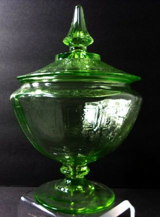 RARE - VTG Footed Green Etched Depression Glass Bowl with Lid Candy Dish Jar USA 2