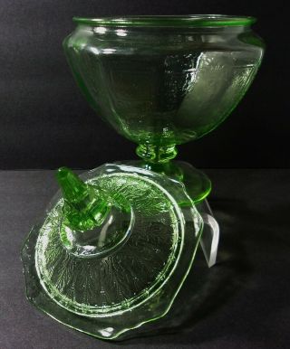 RARE - VTG Footed Green Etched Depression Glass Bowl with Lid Candy Dish Jar USA 3