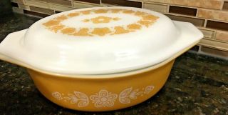 Rare Pyrex Gold Daisy Casserole Oval Divided Baking Dish 1950s 1.  5 Qt With Lid