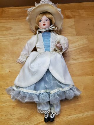12 Inch Porcelain Doll White And Blue Dress
