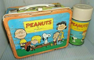 Rare 1966 Peanuts Metal Lunch Box Glass Thermos Comic Strip Tv Cartoon Lunchbox