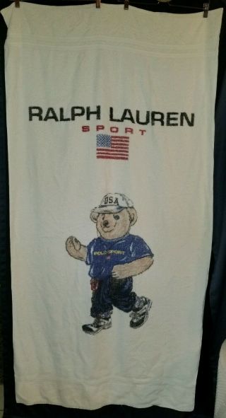 Rare Vtg Ralph Lauren Polo Sport Usa Jogger Bear Bath Beach Towel 90s