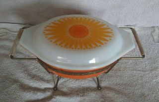 Vintage Pyrex 043 Orange " Sunflower/daisy " Cassarole W/lid & Metal Cradle - Rare