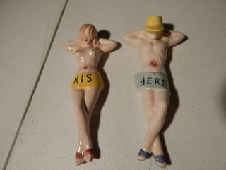 Sunbathers Man Woman Nude Naked Salt & Pepper Shakers Rare His Hers Ceramic