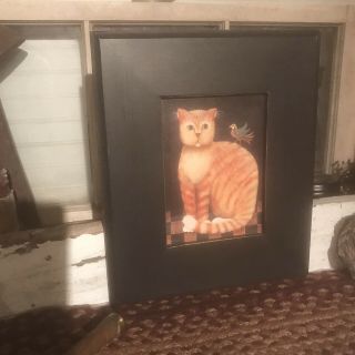 Primitive Kitty Cat Folk Art Print Framed Distressed Black 10x12 Warren Kimble