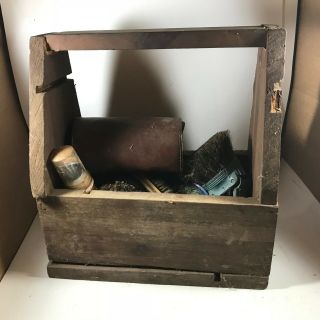 Primitive Antique Hand Made Shoe Shine Box With Vintage Supplies