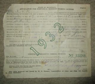 1932 Minnesota Application For Resident Fishing License Filled Out