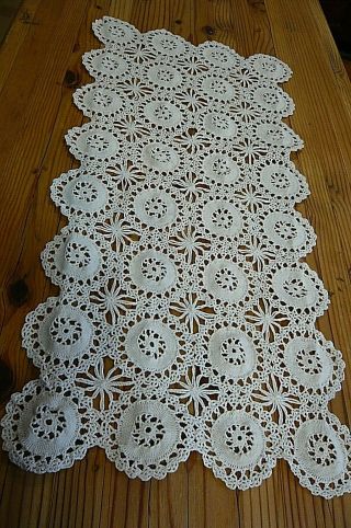 Crochet Antique White Runner - Wheel & Floral Design - About 13 X 26 "