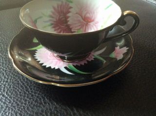 Vintage Bone China Black Gold Trim,  Pink Flowers With Tea Cup & Saucer,  No Mark