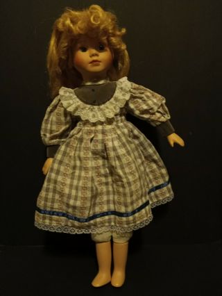 Collectible Vintage Porcelain Doll Blonde Blue Eyes Plaid Dress 18in "