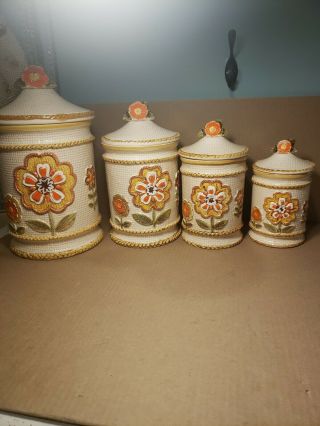 Rare Vintage 1970s Groovy Floral Ceramic Woven Canisters Set 4 Pc With Lids