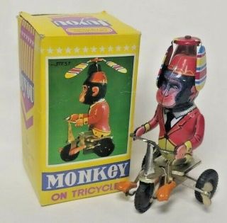 Rare Vintage Juyou Tin Monkey On Trioyole Tricycle Wind - Up W/original Box