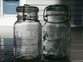 Antique Atlas E - Z Seal Clear & Aqua Fruit Jars With Glass Lids