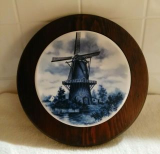 Vtg Delft Holland Ceramic J.  C.  V Hunnik Dutch Blue Windmill Picture In Wood Frame