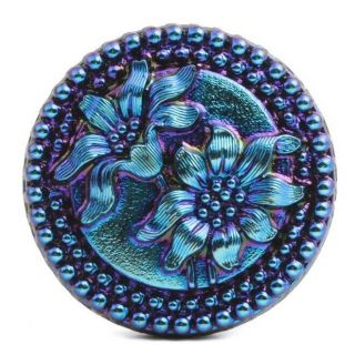 Czech Blue Lustre Edelweiss Flower Black Shankless Glass Button Cabochon