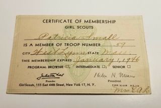 Girl Scouts Brownie 1946 Membership Card Troop 59 West Lynn Ma Vtg Antique