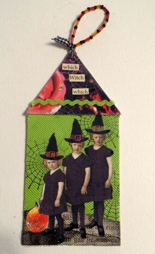 Halloween Witch Altered Art Mixed Media Halloween Decoration Ornament Gift Tag