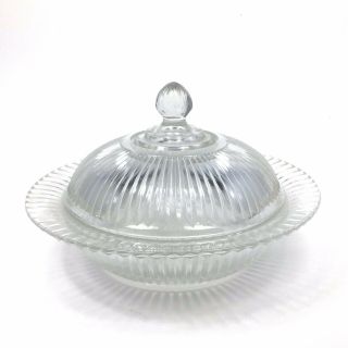 Rare Vintage Clear Glass Ribbed Round Butter Dish Cheese Plate W/ Dome Lid Mcm
