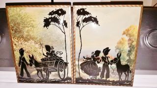 Vintage Reverse Painted Convex Glass Silhouette Pictures Children With Donkey