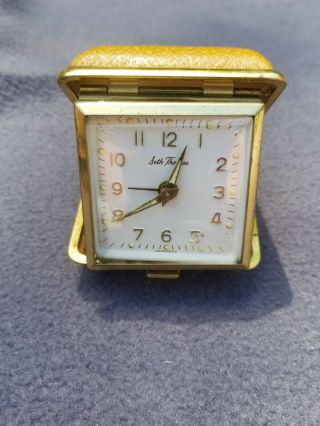 Antique Vintage Vntg Seth Thomas Travel Alarm Clock Mech.  W Yellow Leather Case