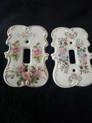 2 Vintage Hand Painted Porcelain Single Light Switch Plates Made In Japan