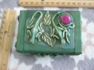 Indonesian Hand Carved Wooden Box W/hinged Lid Green Stone Carved Frogs