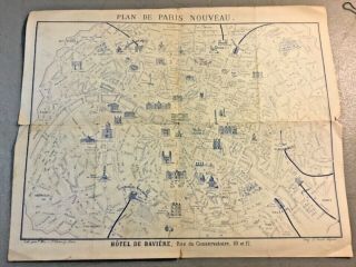 Antique Ca.  1860 - 1890 Map Of Paris,  Hotel De Baviere Fold - Out,  9 1/2” X 12”
