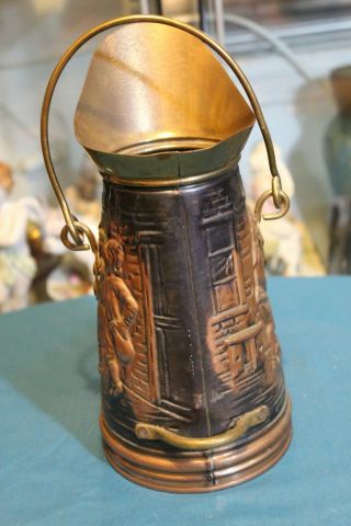 Antique collectible copper & bras pitcher / scuttle coal,  people decor,  Holland. 2