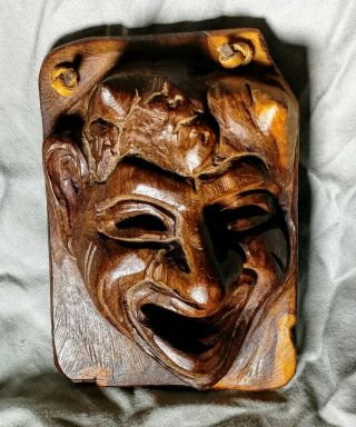 Antique Carved Olive Wood Greek Mask Horned Devil Demon Wall Hanging