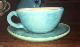 Rare Pisgah Forest Cup/saucer Hand Crafted Nc Pottery 6.  25 " Turquoise Glaze - 1953