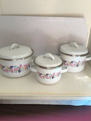 Rare 6 Pc Small Vintage Enamel Floral Pots Set Cookware Flower Pots White