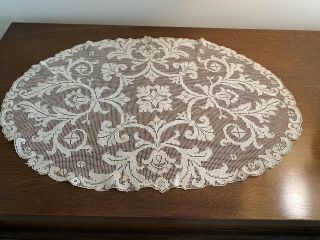 Antique Vtg Filet Crochet Lace Doily Ecru / Ivory Large Oval 21.  5 X 14.  5