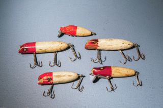 5 Vintage Red & White Fishing Lures