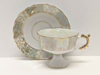 Vintage Luster Ware Footed Teacup & Saucer C - 7215 White,  Lavender And Sage Color