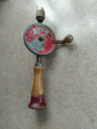 Antique Woodworking Tool Drill Hand Crank Reversible Red Wooden Knob Handle Usa