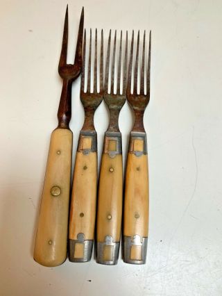 Antique Set Of 4 Hand Carved Bovine Forks