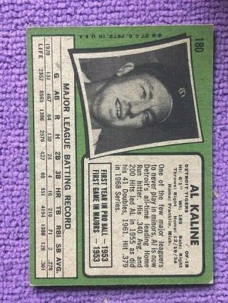 1971 Topps Detroit Tigers Al Kaline 180 Baseball Card 2