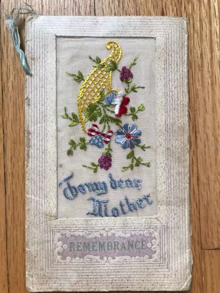 Antique Wwi Hand Embroidered Soldiers Mothers Day Rememberance Card