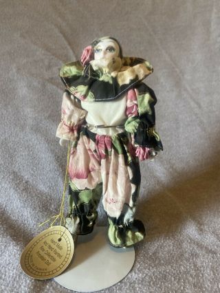 Vintage Porcelain Clown Doll W/stand - Floral Clothing - Hand Painted In Taiwan