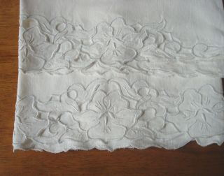PAIR VINTAGE WHITE PILLOWCASES - HAND DONE CUTWORK and EMBROIDERY 3
