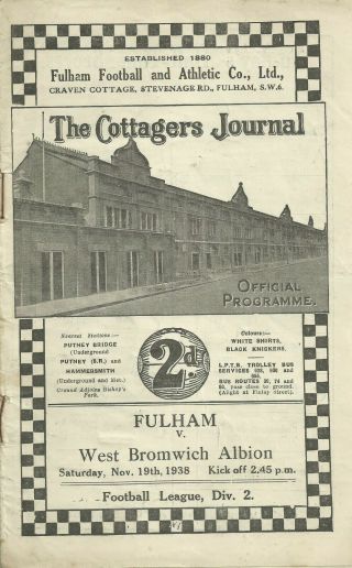 Rare Pre - War Ww2 Football Programme Fulham V West Bromwich Albion 1938