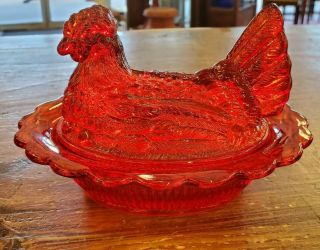 Vintage Mosser Red Glass Hen Chicken On A Nest Covered Candy Dish Rare