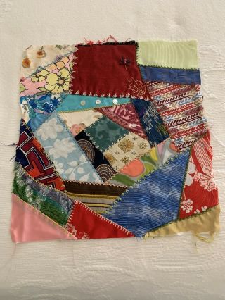 Vintage Crazy Quilt Square With Buttons Chicken Scratch Stitches