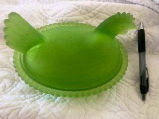 Rare Green Frosted Glass Nesting Hen Chicken Covered Dish,  Vintage Indiana
